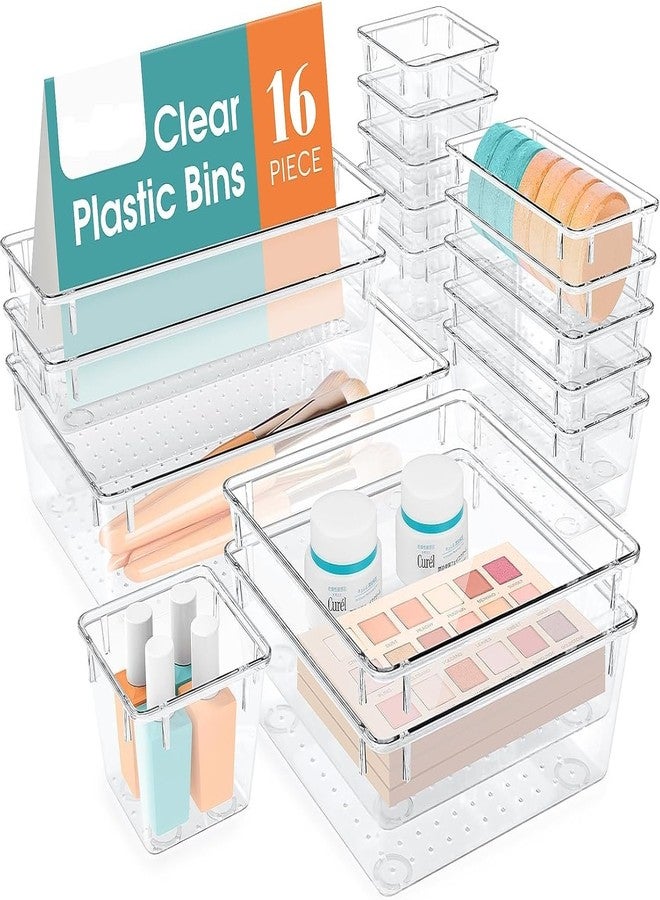 WOWBOX Drawer Organizer Set, Multi Sizes Desk Drawer Divider Organizers and Storage Bins for Makeup, Jewelry, Gadgets for Kitchen, Bedroom, Bathroom, Office (Clear, 16 pcs Set) - Image 1
